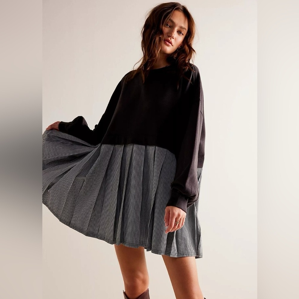 Free People Eleanor Oversized Sweatshirt Pleated Dress Grey Striped Size L